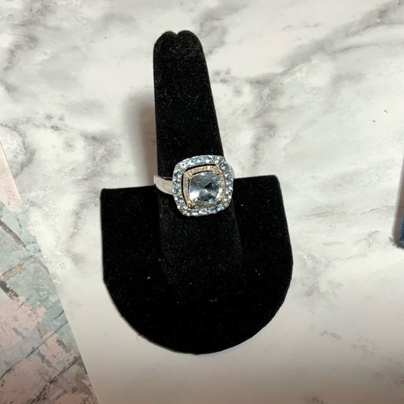 Stunning 10K Cushion-Cut Swiss Blue Topaz & Diamond Ring - Double Halo - Sz 6.75 - Picture 8 of 16